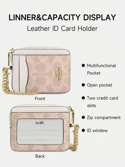 Coach Wallet For Women Coin Case Zip Card Case With Chain Wrist Strap Short Card Holder ID Wallet Card Case Leather Purse With ID Window In Signature Canvas