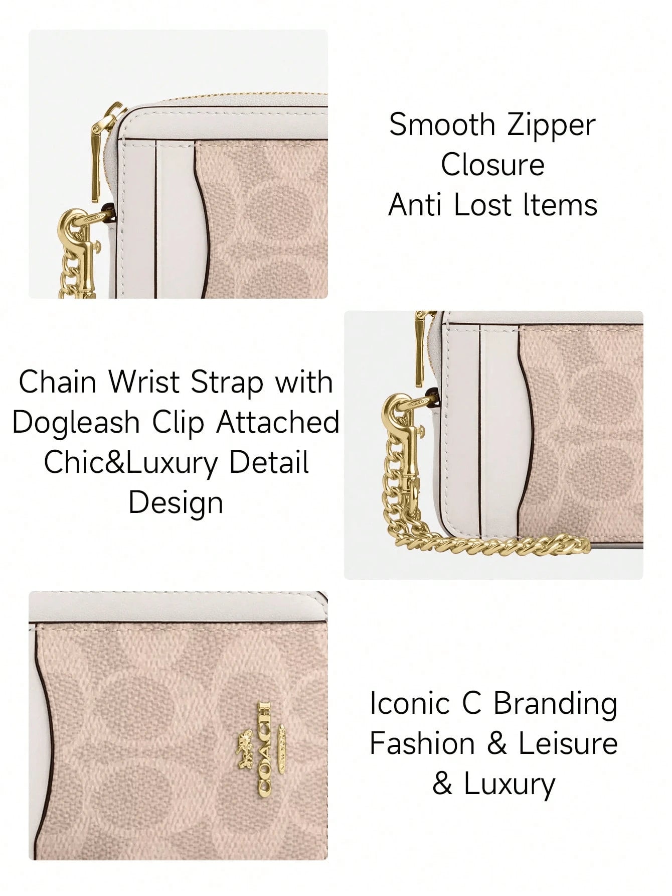 Coach Wallet For Women Coin Case Zip Card Case With Chain Wrist Strap Short Card Holder ID Wallet Card Case Leather Purse With ID Window In Signature Canvas