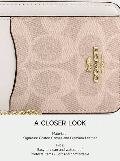 Coach Wallet For Women Coin Case Zip Card Case With Chain Wrist Strap Short Card Holder ID Wallet Card Case Leather Purse With ID Window In Signature Canvas