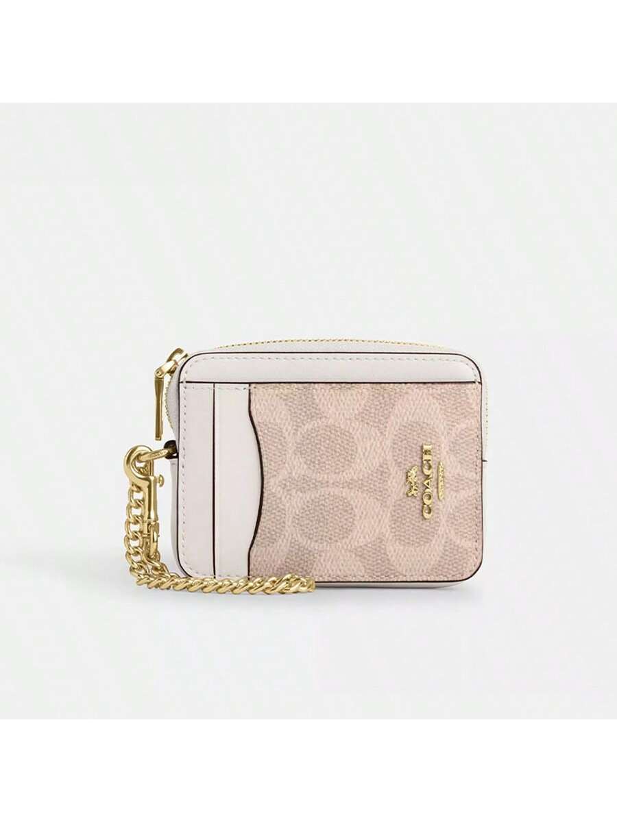 Coach Wallet For Women Coin Case Zip Card Case With Chain Wrist Strap Short Card Holder ID Wallet Card Case Leather Purse With ID Window In Signature Canvas