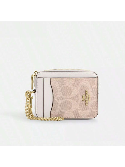 Coach Wallet For Women Coin Case Zip Card Case With Chain Wrist Strap Short Card Holder ID Wallet Card Case Leather Purse With ID Window In Signature Canvas