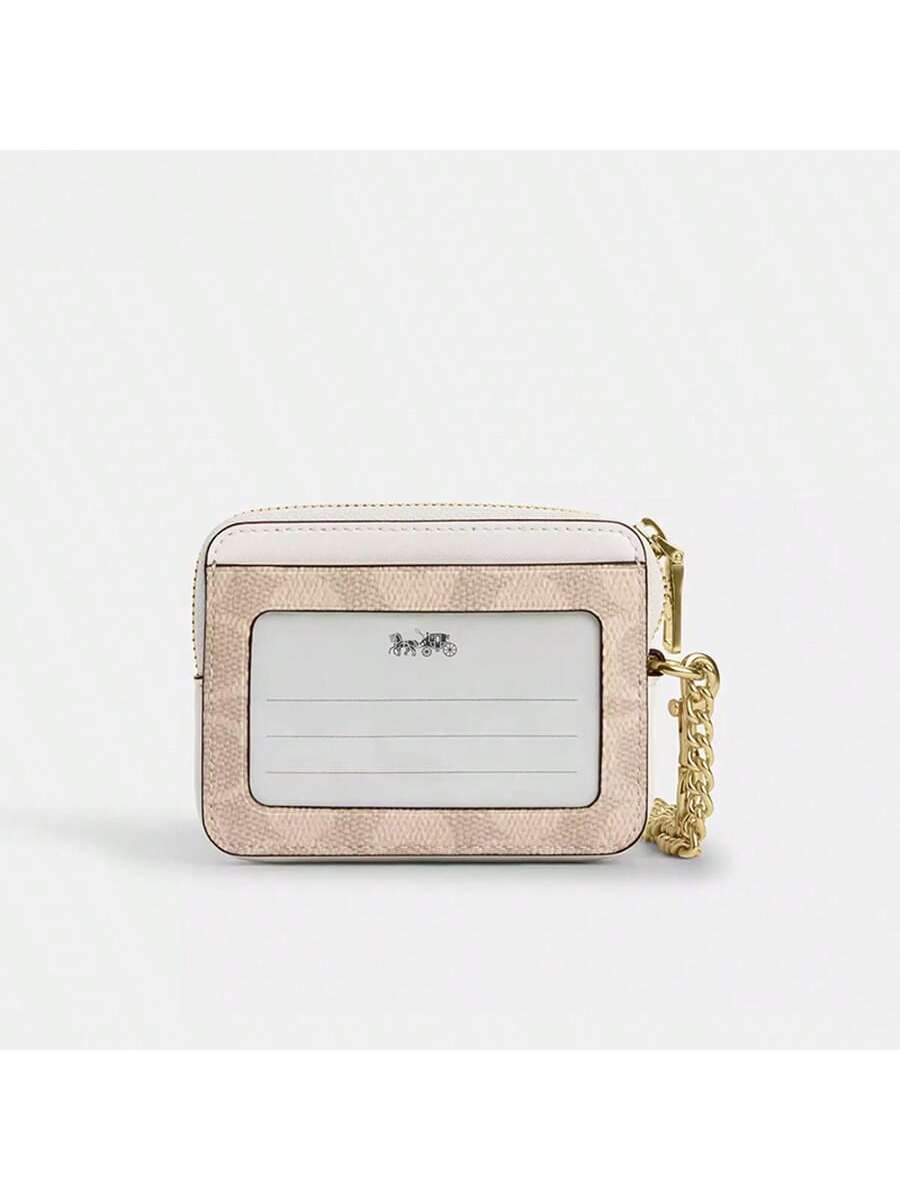 Coach Wallet For Women Coin Case Zip Card Case With Chain Wrist Strap Short Card Holder ID Wallet Card Case Leather Purse With ID Window In Signature Canvas