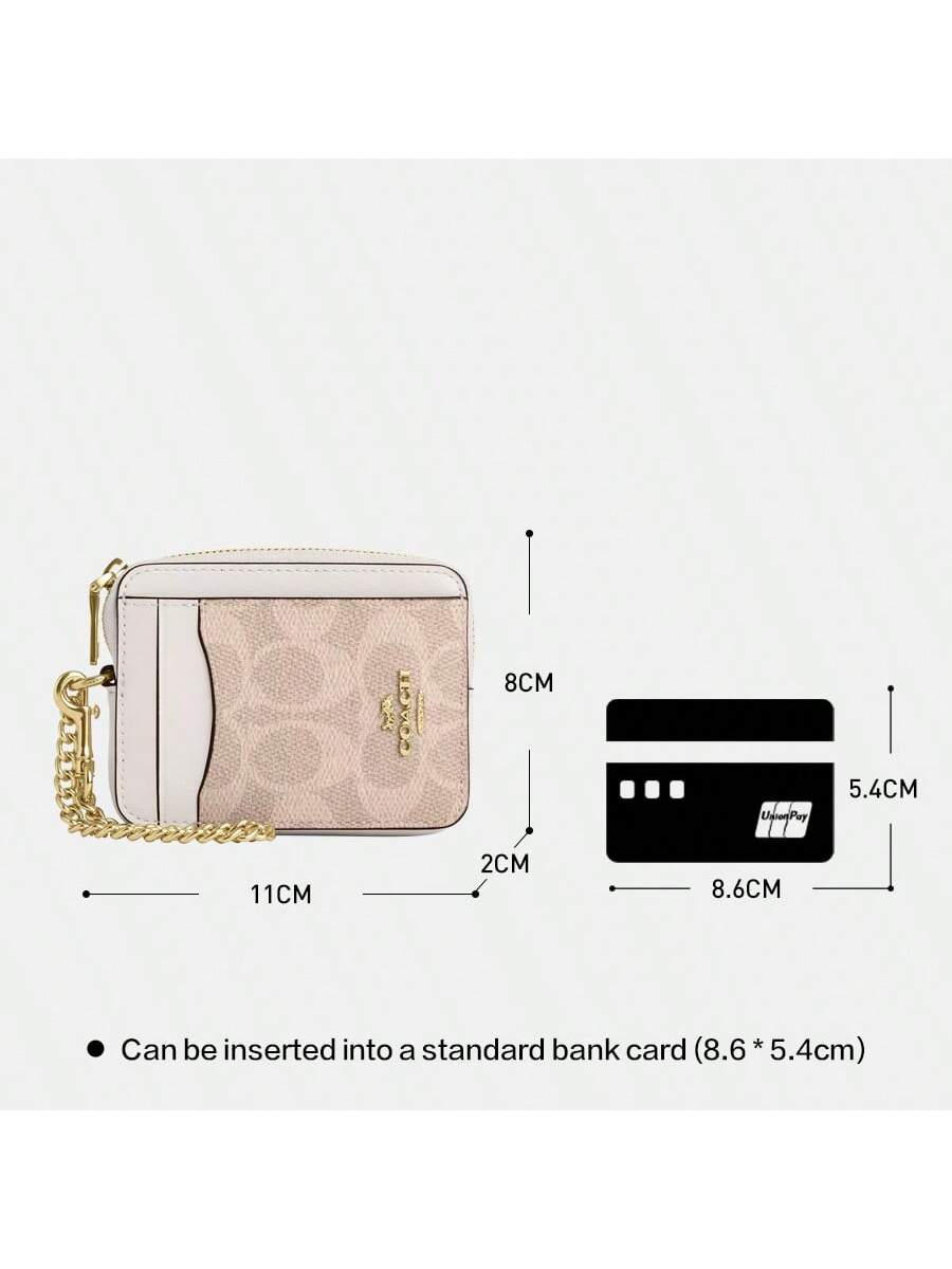 Coach Wallet For Women Coin Case Zip Card Case With Chain Wrist Strap Short Card Holder ID Wallet Card Case Leather Purse With ID Window In Signature Canvas