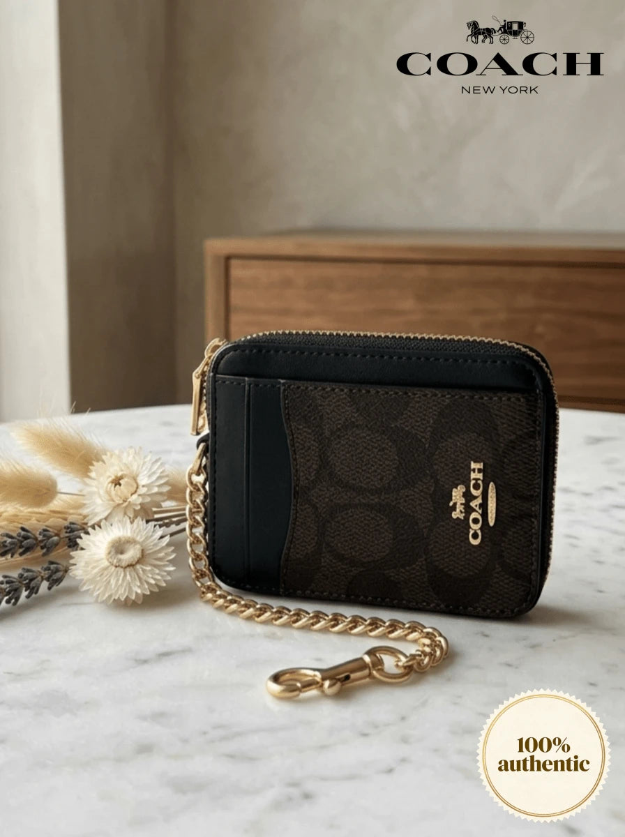 Coach Wallet For Women Coin Case Zip Card Case With Chain Wrist Strap Short Card Holder ID Wallet Card Case Leather Purse With ID Window In Signature Canvas