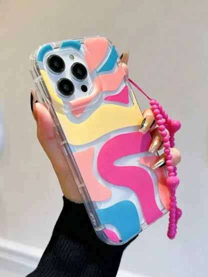 Colorful Graffiti Oil Painting Inner Wave Pattern Anti-Fall Phone Case With Heart Lanyard, Compatible With Apple 17/16/15/14 Pro Max, New Style 13, Best Friend 15 Phone Protective Case, 12/12 Pro, Nic