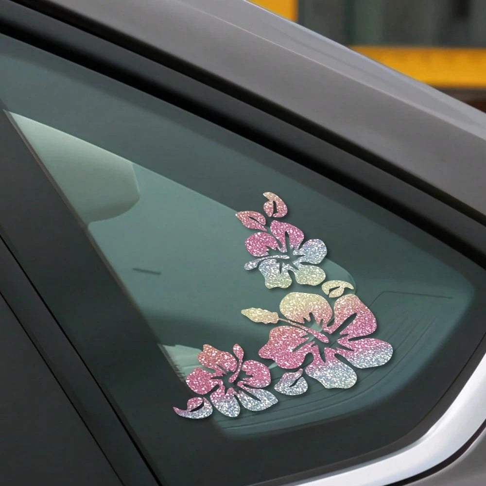 Colorful Shiny Vinyl Frangipani Flower Car Stickers, Suitable For Cars, Motorcycles, Laptops, Auto Accessories, Self-Adhesive, Reusable, Asymmetric Shape, Glossy Finish