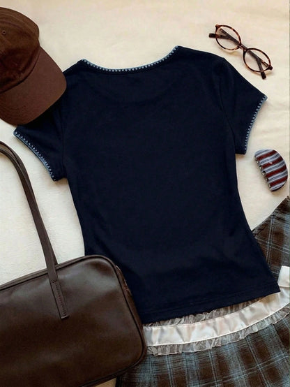 Comfortcana 2026 New Fashion Women's Contrast Trim Round Neck Short Sleeve Casual Versatile T-Shirt, Summer Top, Spring Outdoor Wear, Y2K Navy Blue Shirt