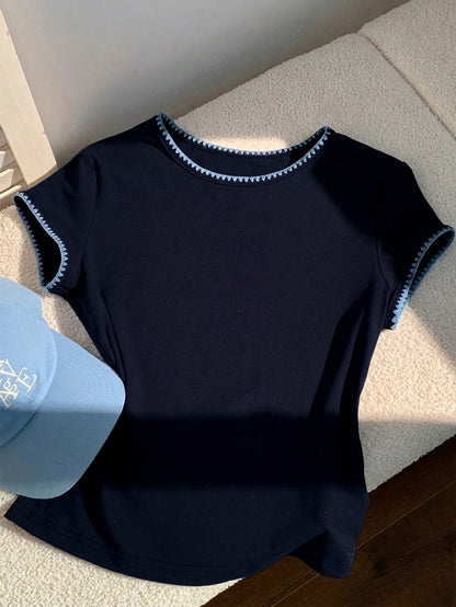 Comfortcana 2026 New Fashion Women's Contrast Trim Round Neck Short Sleeve Casual Versatile T-Shirt, Summer Top, Spring Outdoor Wear, Y2K Navy Blue Shirt