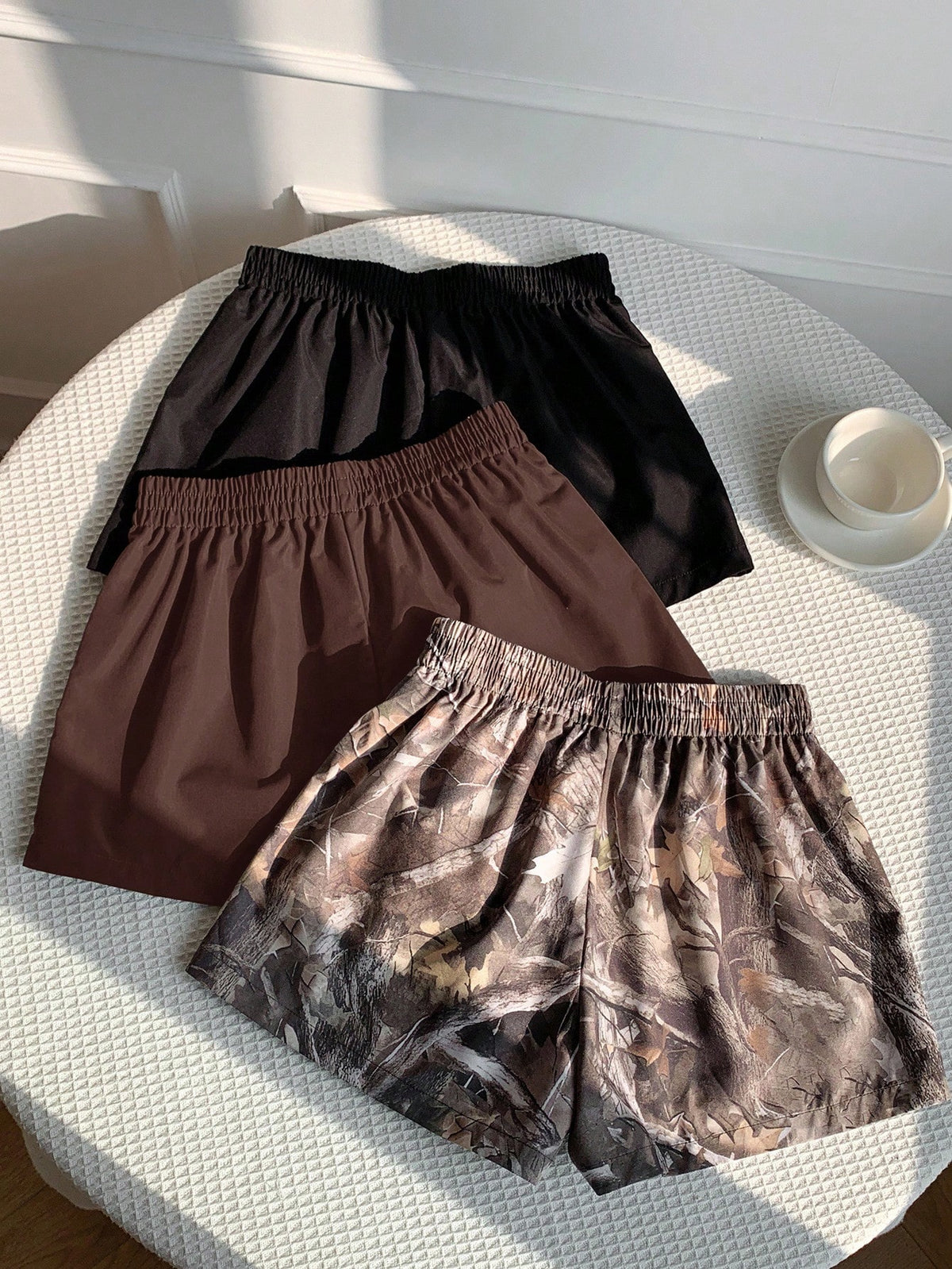 Comfortcana 3pcs Women Summer Casual Commuting Shorts Set, Solid Color & Tree Print, Loose Fit Pack Elastic Waist Camo Y2k