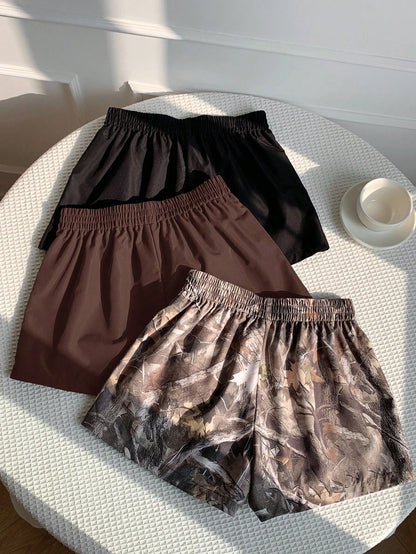 Comfortcana 3pcs Women Summer Casual Commuting Shorts Set, Solid Color & Tree Print, Loose Fit Pack Elastic Waist Camo Y2k