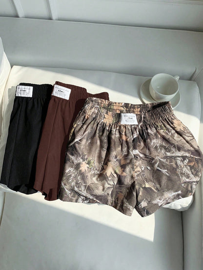 Comfortcana 3pcs Women Summer Casual Commuting Shorts Set, Solid Color & Tree Print, Loose Fit Pack Elastic Waist Camo Y2k