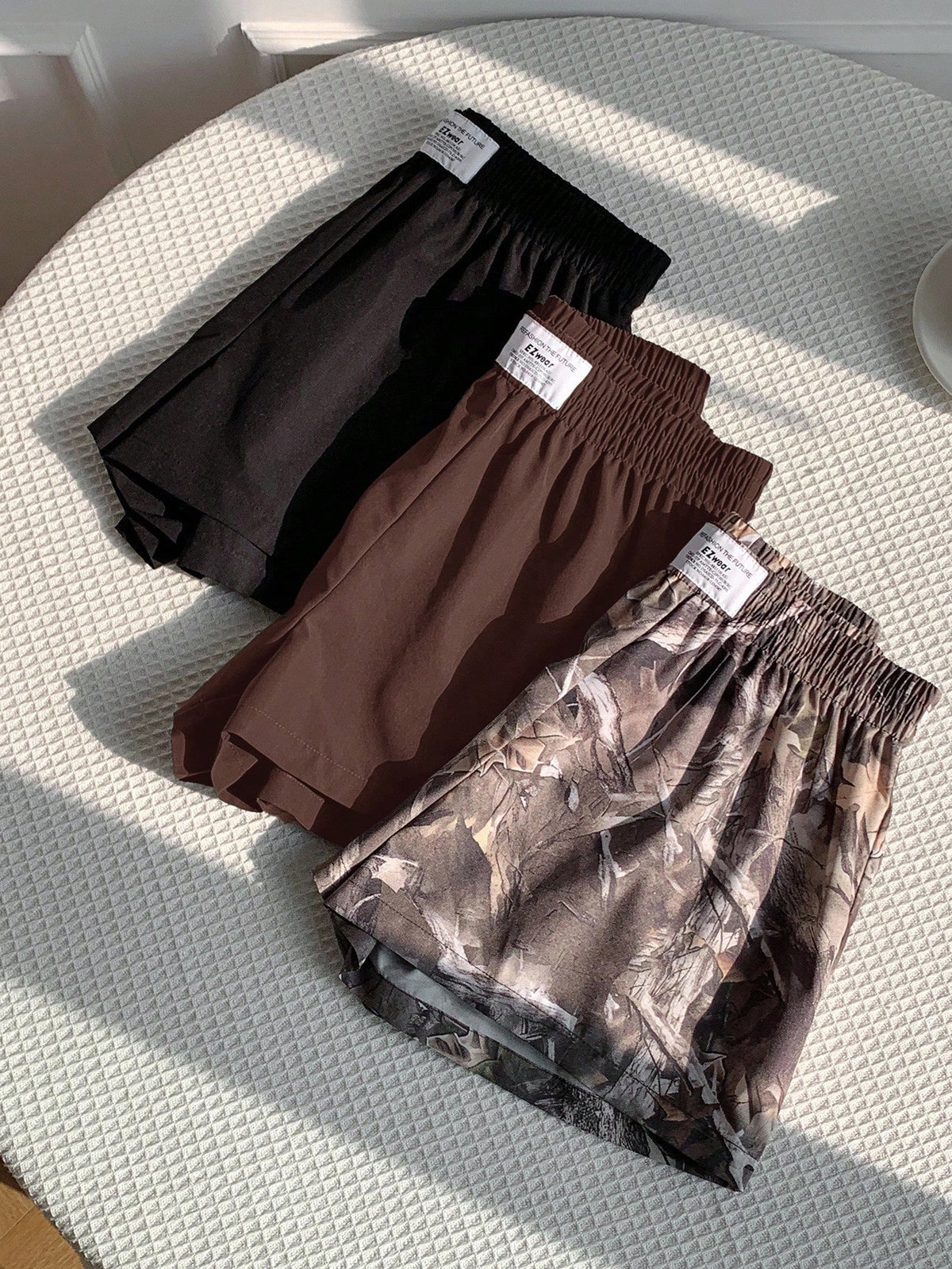 Comfortcana 3pcs Women Summer Casual Commuting Shorts Set, Solid Color & Tree Print, Loose Fit Pack Elastic Waist Camo Y2k