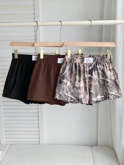 Comfortcana 3pcs Women Summer Casual Commuting Shorts Set, Solid Color & Tree Print, Loose Fit Pack Elastic Waist Camo Y2k