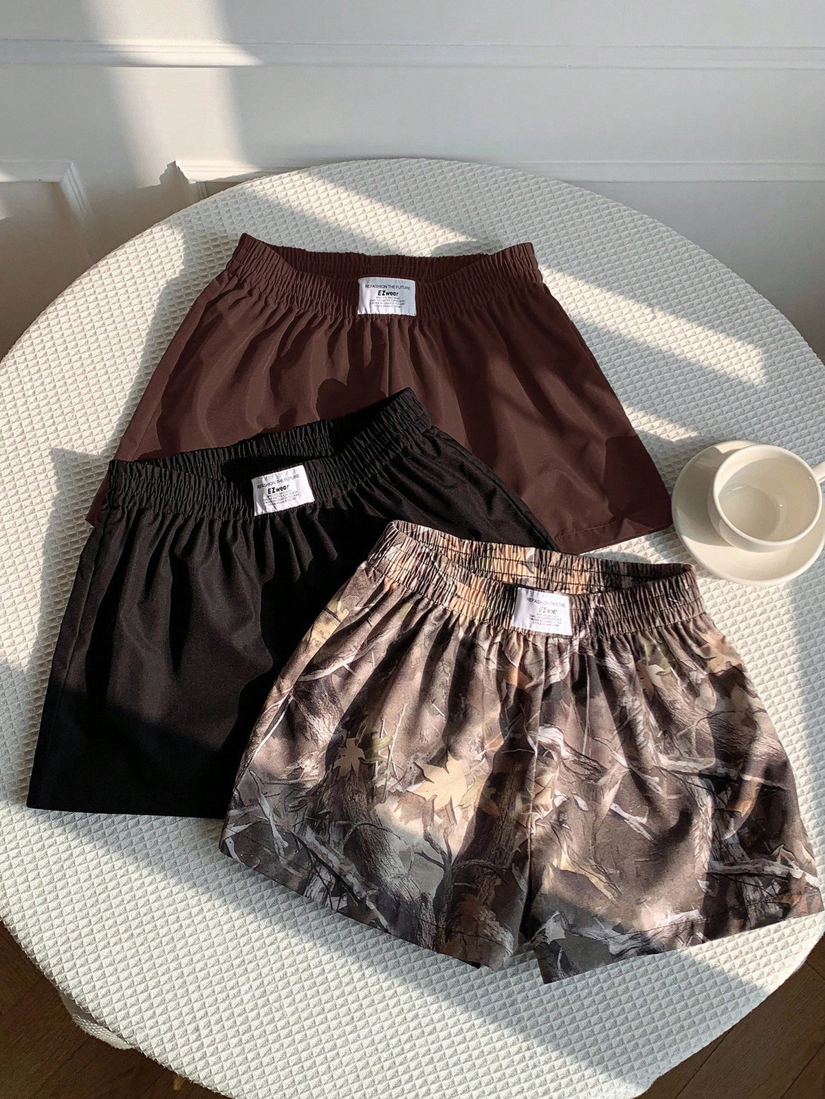 Comfortcana 3pcs Women Summer Casual Commuting Shorts Set, Solid Color & Tree Print, Loose Fit Pack Elastic Waist Camo Y2k
