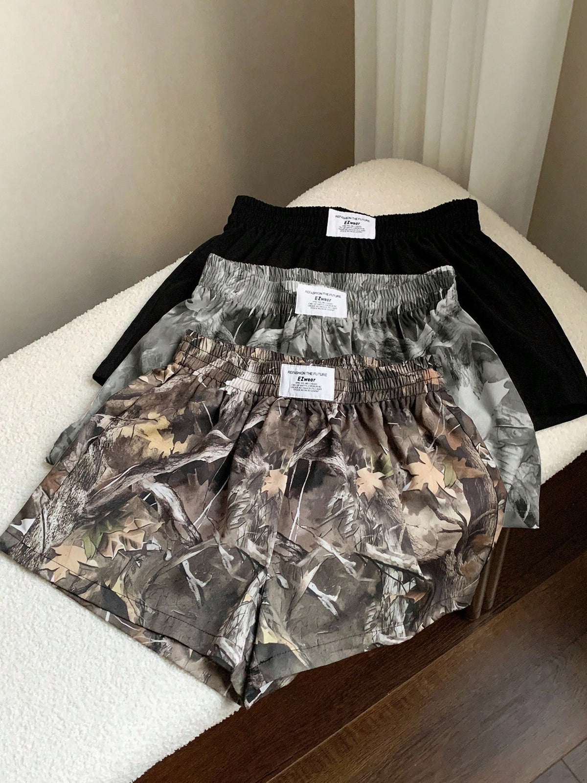 Comfortcana 3pcs Women Summer Casual Commuting Shorts Set, Solid Color & Tree Print, Loose Fit Pack Elastic Waist Camo Y2k