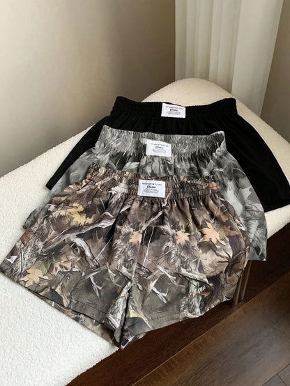 Comfortcana 3pcs Women Summer Casual Commuting Shorts Set, Solid Color & Tree Print, Loose Fit Pack Elastic Waist Camo Y2k