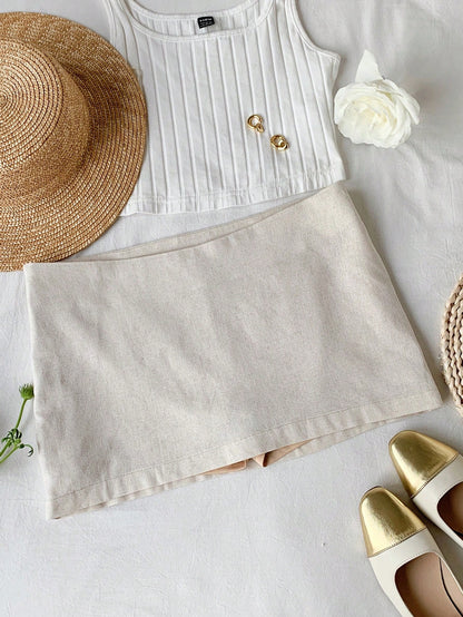 Comfortcana Autumn Linen Mini Low Waist Skirt, Minimalist Basic Casual Everyday Wear,Including Shorts Lining Back-To-School School Work White