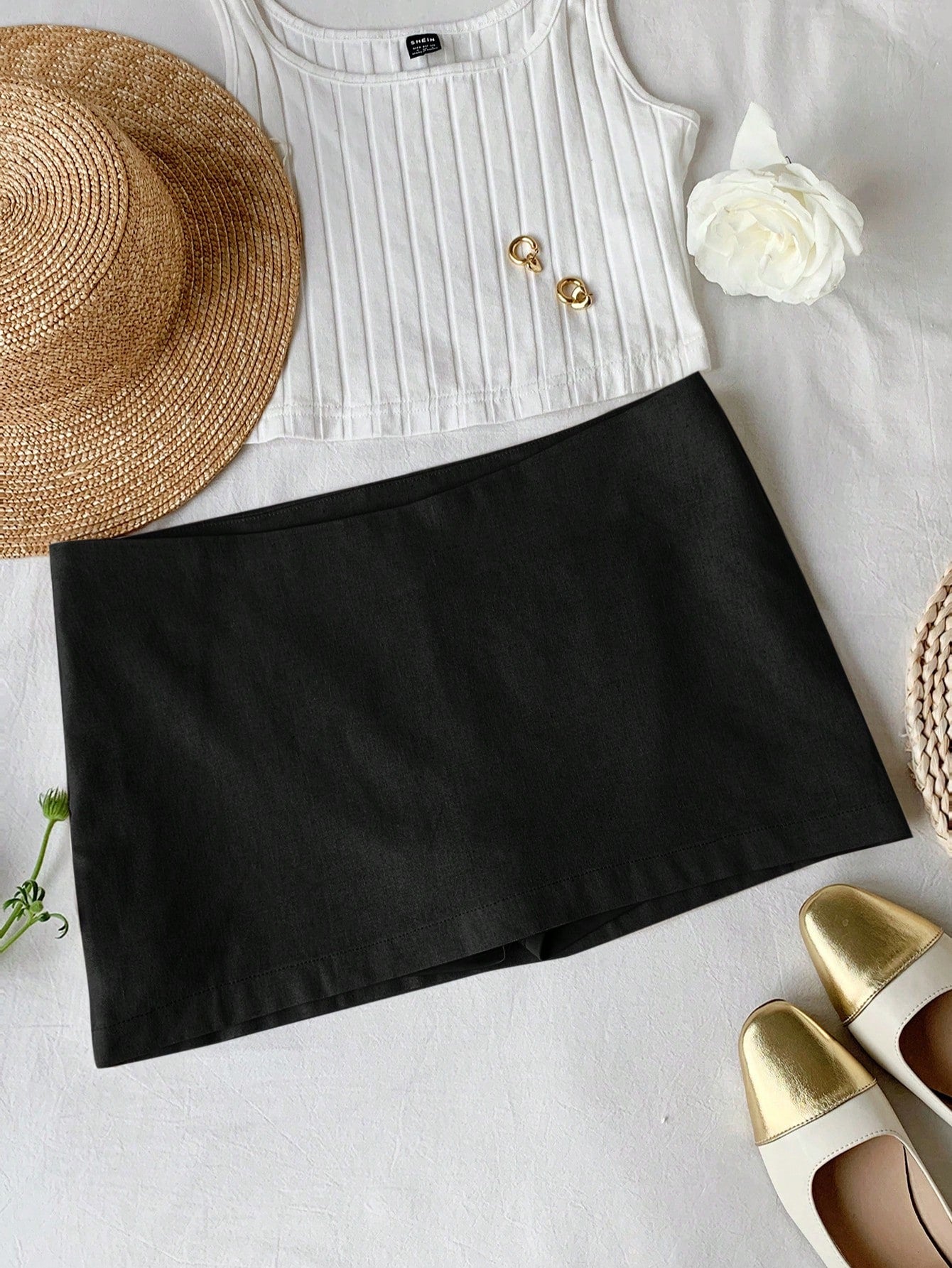 Comfortcana Autumn Linen Mini Low Waist Skirt, Minimalist Basic Casual Everyday Wear,Including Shorts Lining Back-To-School School Work White