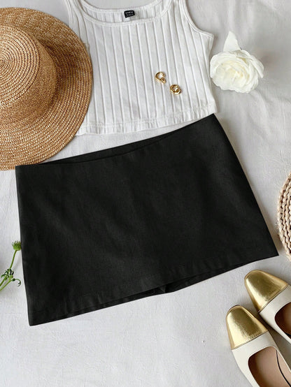 Comfortcana Autumn Linen Mini Low Waist Skirt, Minimalist Basic Casual Everyday Wear,Including Shorts Lining Back-To-School School Work White