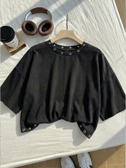 Comfortcana Casual Cropped Round Neck Short Sleeve T-Shirt, Suitable For Summer Zipper Top Latest Tops Women New Arrivals Crop Ladies Shirt