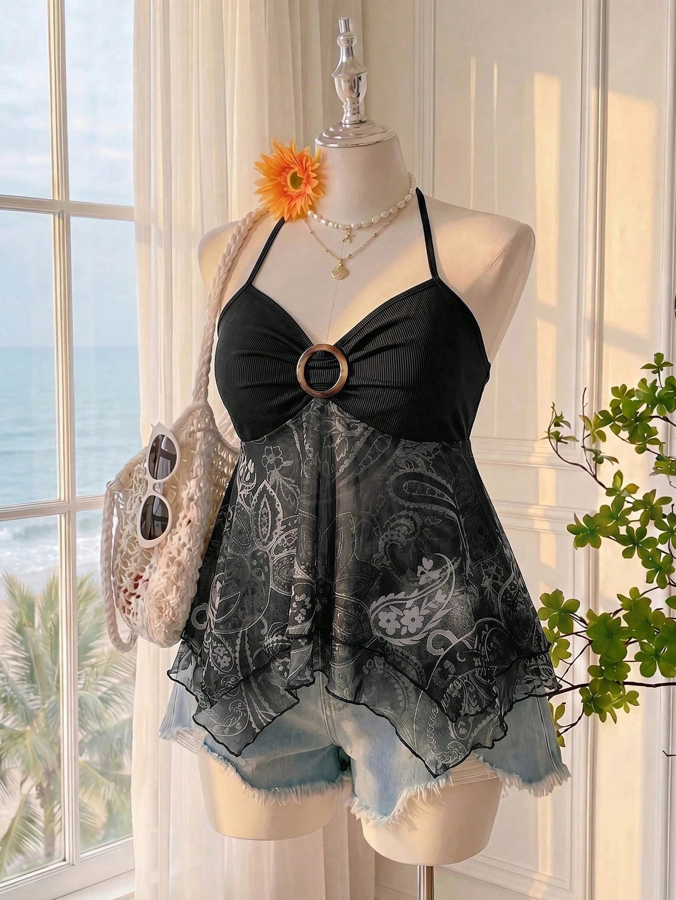 Comfortcana Spring Summer Bohemian Sexy Boho Print Ruffle Hem A-Line Spaghetti Strap Tie Strap Vacation Casual Plus Size Camisole Beach Black And White