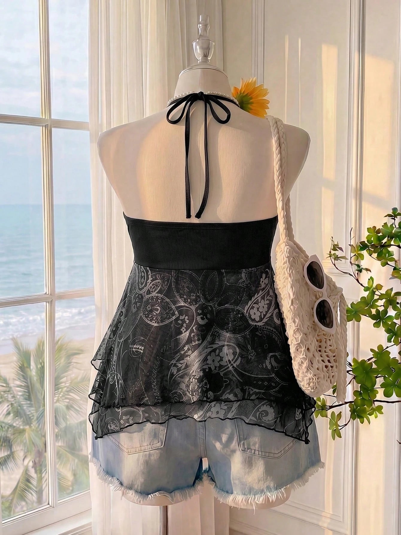 Comfortcana Spring Summer Bohemian Sexy Boho Print Ruffle Hem A-Line Spaghetti Strap Tie Strap Vacation Casual Plus Size Camisole Beach Black And White