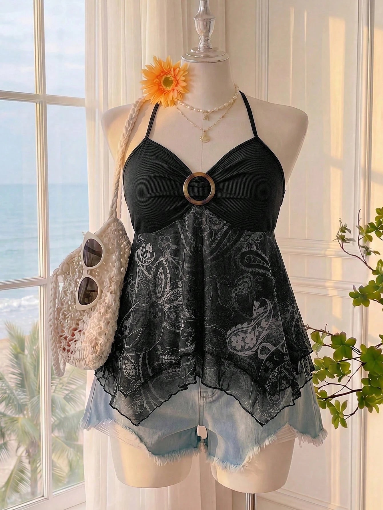 Comfortcana Spring Summer Bohemian Sexy Boho Print Ruffle Hem A-Line Spaghetti Strap Tie Strap Vacation Casual Plus Size Camisole Beach Black And White