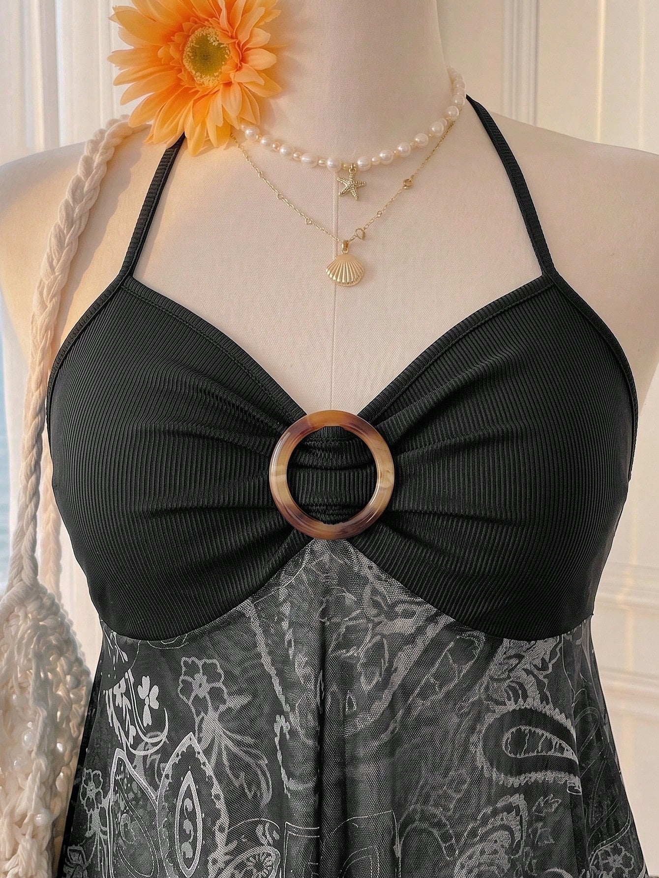 Comfortcana Spring Summer Bohemian Sexy Boho Print Ruffle Hem A-Line Spaghetti Strap Tie Strap Vacation Casual Plus Size Camisole Beach Black And White