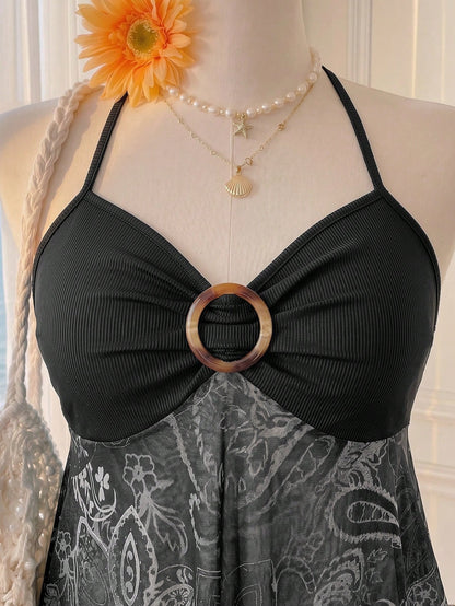 Comfortcana Spring Summer Bohemian Sexy Boho Print Ruffle Hem A-Line Spaghetti Strap Tie Strap Vacation Casual Plus Size Camisole Beach Black And White