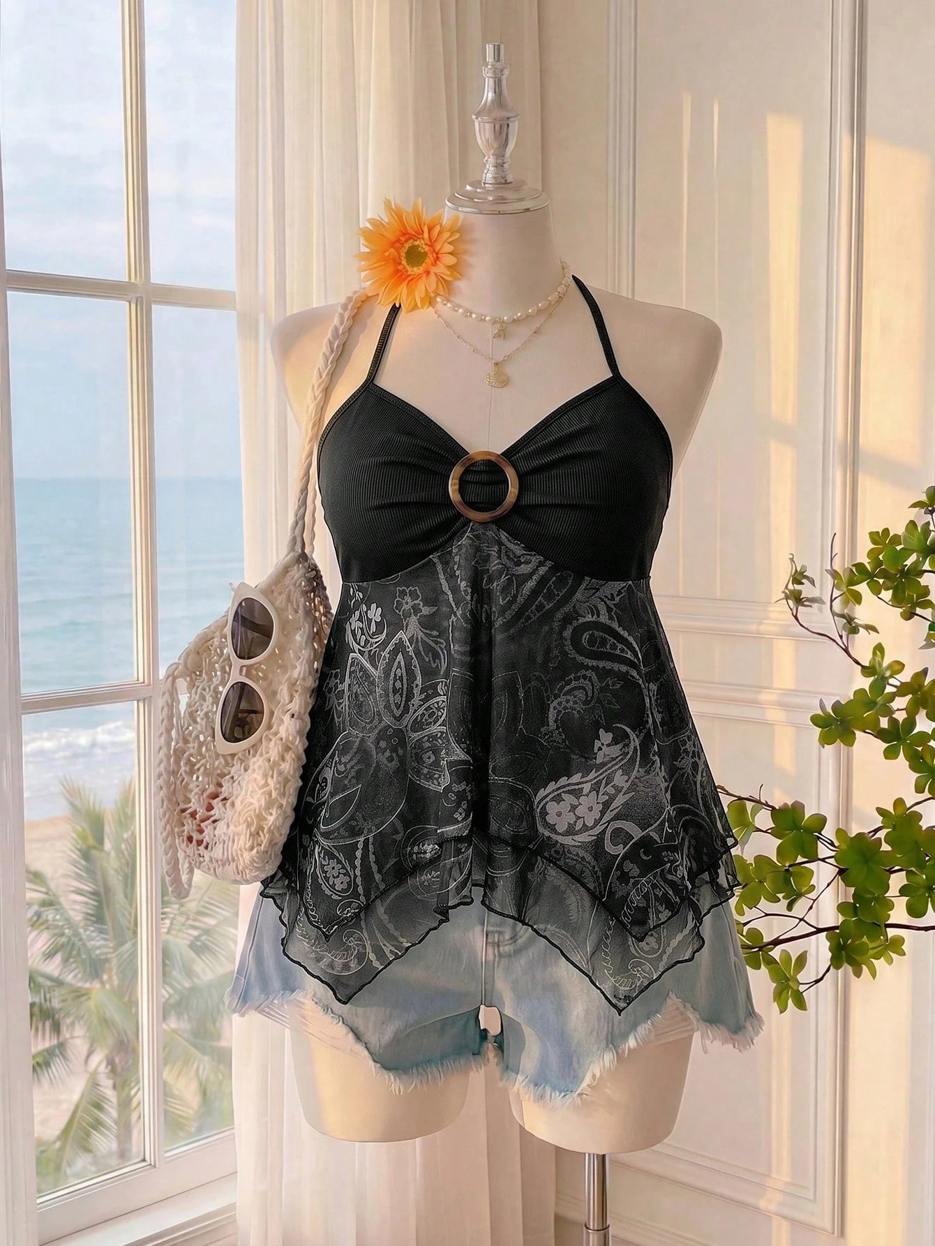 Comfortcana Spring Summer Bohemian Sexy Boho Print Ruffle Hem A-Line Spaghetti Strap Tie Strap Vacation Casual Plus Size Camisole Beach Black And White