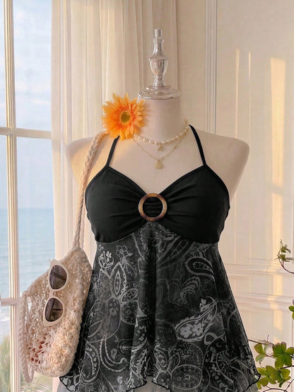 Comfortcana Spring Summer Bohemian Sexy Boho Print Ruffle Hem A-Line Spaghetti Strap Tie Strap Vacation Casual Plus Size Camisole Beach Black And White