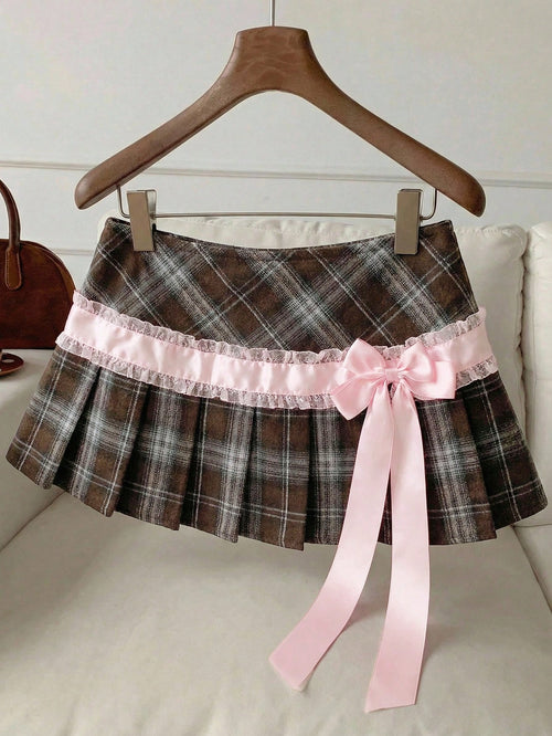 Comfortcana Women's Brown Plaid Pleated Skirt With Lace Bow Decor,Winter Casual School Style For Back-To-School,Christmas,New Year Party,Graduation Ceremony