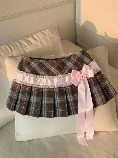 Comfortcana Women's Brown Plaid Pleated Skirt With Lace Bow Decor,Winter Casual School Style For Back-To-School,Christmas,New Year Party,Graduation Ceremony