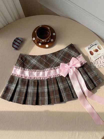 Comfortcana Women's Brown Plaid Pleated Skirt With Lace Bow Decor,Winter Casual School Style For Back-To-School,Christmas,New Year Party,Graduation Ceremony