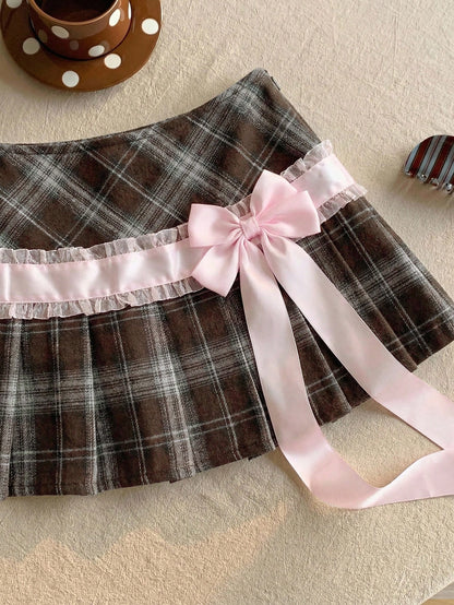 Comfortcana Women's Brown Plaid Pleated Skirt With Lace Bow Decor,Winter Casual School Style For Back-To-School,Christmas,New Year Party,Graduation Ceremony