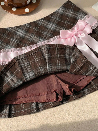 Comfortcana Women's Brown Plaid Pleated Skirt With Lace Bow Decor,Winter Casual School Style For Back-To-School,Christmas,New Year Party,Graduation Ceremony