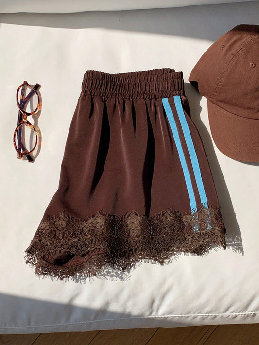 Comfortcana Women's Summer Casual Striped Lace Patchwork Shorts Going Out Outfits Beach Outfits Vacation Outfits Sweatpants