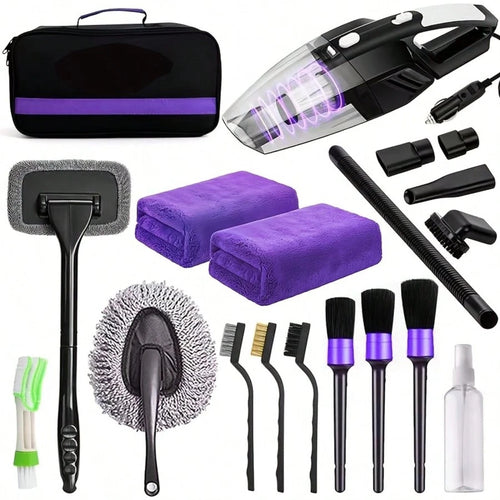 Complete Car Wash Cleaning Tool Kit, Car Wash Bag, Equipped With Vacuum Cleaner, Brushes, Windshield Cleaning Tools, Durable Dust Remover, Towels, 19 Professional Interior Car Care Tools, High-Quality