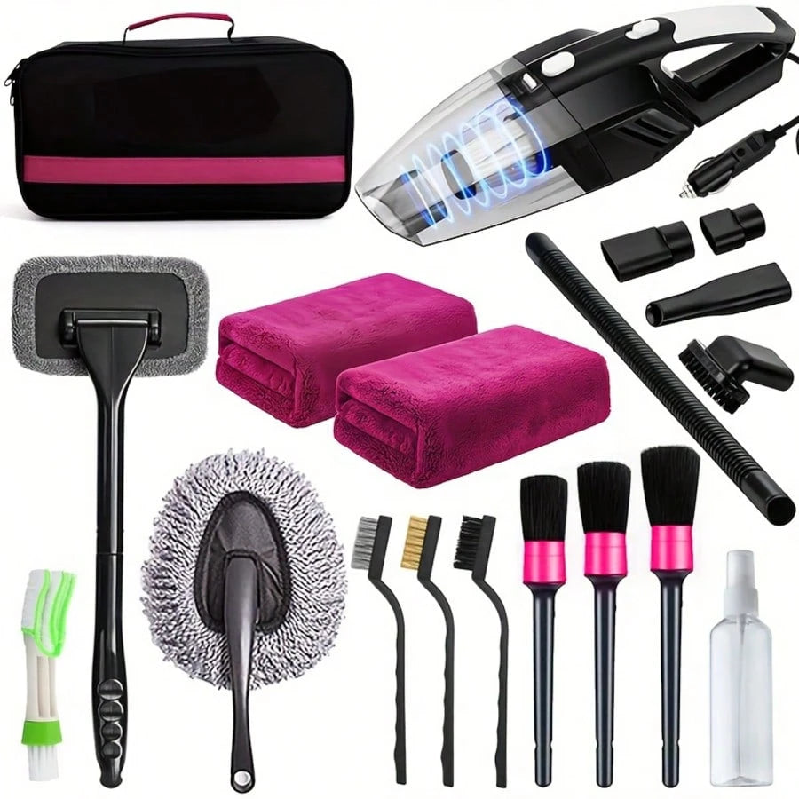 Complete Car Wash Cleaning Tool Kit, Car Wash Bag, Equipped With Vacuum Cleaner, Brushes, Windshield Cleaning Tools, Durable Dust Remover, Towels, 19 Professional Interior Car Care Tools, High-Quality