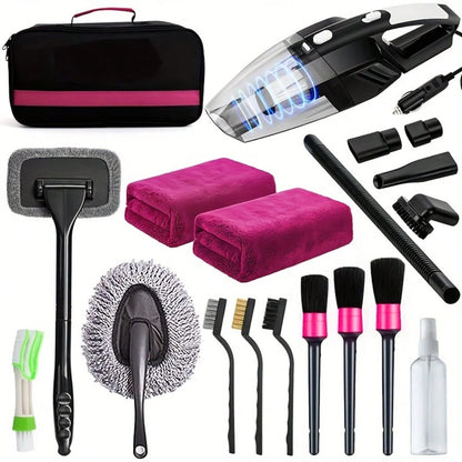 Complete Car Wash Cleaning Tool Kit, Car Wash Bag, Equipped With Vacuum Cleaner, Brushes, Windshield Cleaning Tools, Durable Dust Remover, Towels, 19 Professional Interior Car Care Tools, High-Quality