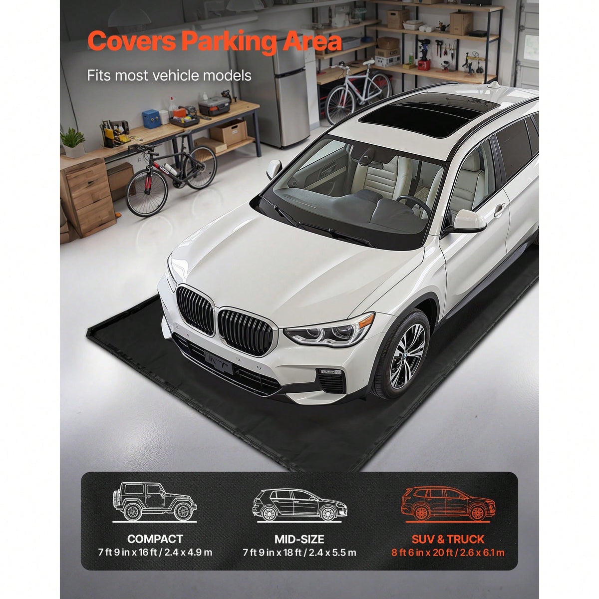 Containment Mat, 8 Ft 6 In X 20 Ft, Non-Slip PVC Garage Floor Mat With A Cleaning Squeegee, Heavy Duty Durable Waterproof Protection From Snow, Rain And Mud For Cars SUVs Trucks Parking, Black