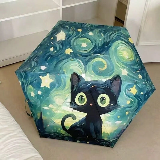 Convenient Ring Handle Van Gogh Oil Painting Cat Minimalist Fashionable Outdoor Travel Sun & Rain Umbrella