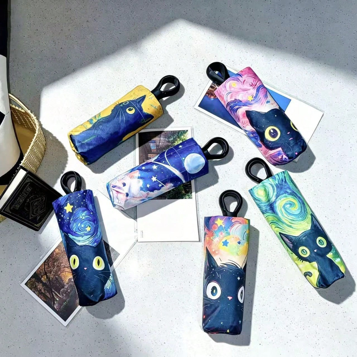 Convenient Ring Handle Van Gogh Oil Painting Cat Minimalist Fashionable Outdoor Travel Sun & Rain Umbrella
