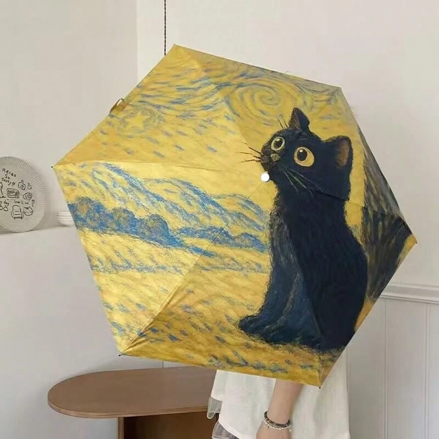 Convenient Ring Handle Van Gogh Oil Painting Cat Minimalist Fashionable Outdoor Travel Sun & Rain Umbrella