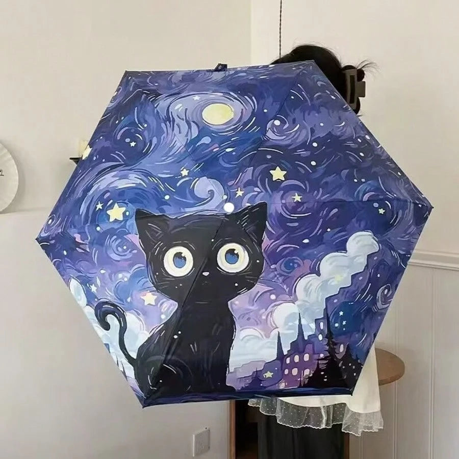 Convenient Ring Handle Van Gogh Oil Painting Cat Minimalist Fashionable Outdoor Travel Sun & Rain Umbrella
