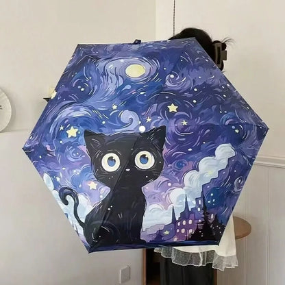 Convenient Ring Handle Van Gogh Oil Painting Cat Minimalist Fashionable Outdoor Travel Sun & Rain Umbrella