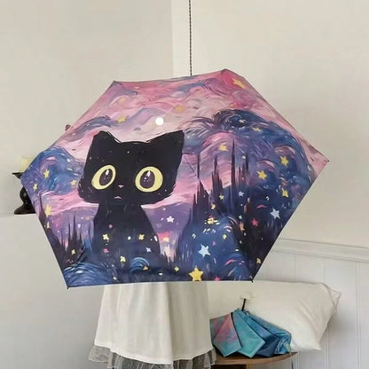Convenient Ring Handle Van Gogh Oil Painting Cat Minimalist Fashionable Outdoor Travel Sun & Rain Umbrella