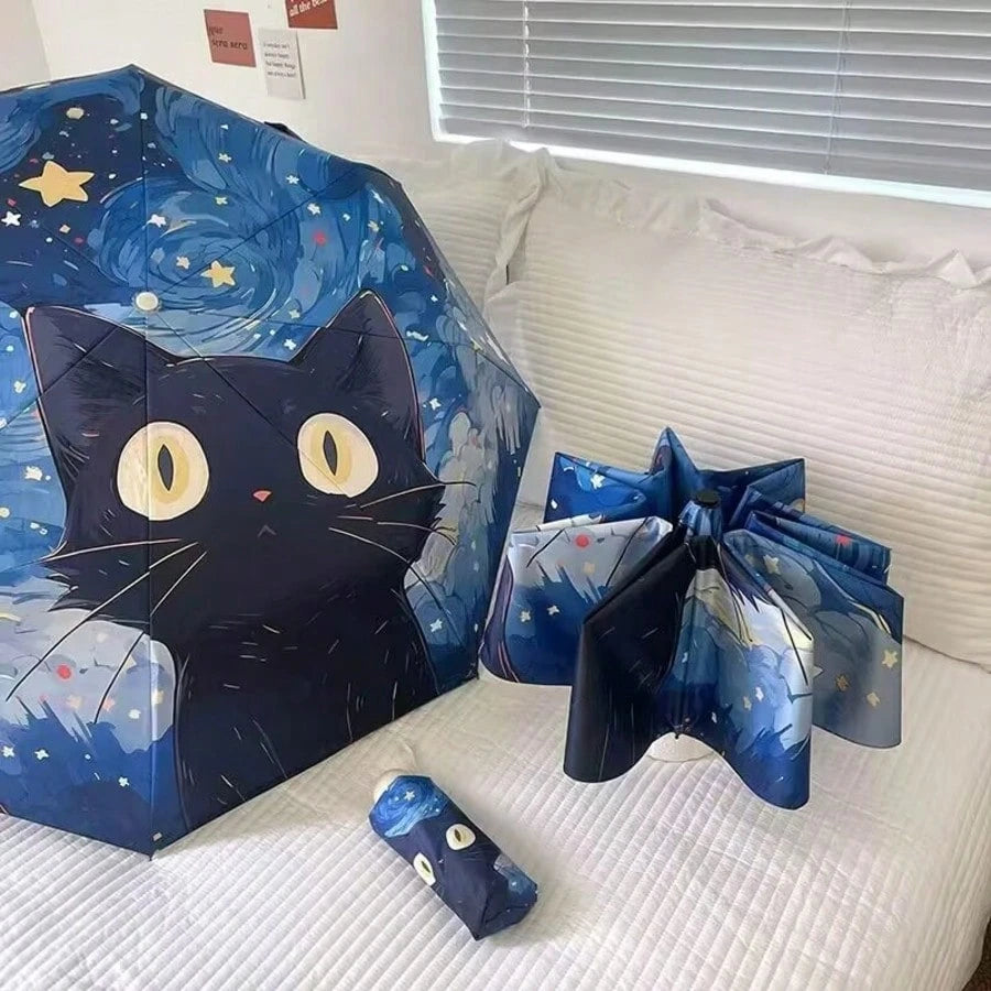 Convenient Ring Handle Van Gogh Oil Painting Cat Minimalist Fashionable Outdoor Travel Sun & Rain Umbrella