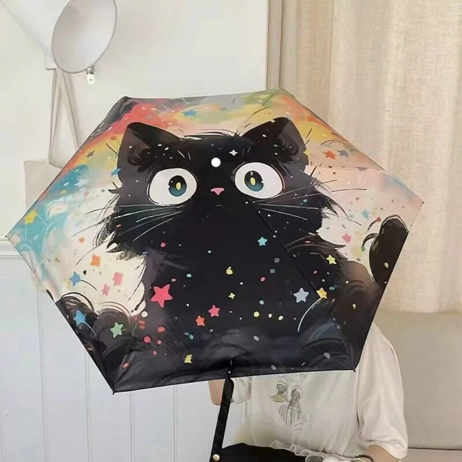 Convenient Ring Handle Van Gogh Oil Painting Cat Minimalist Fashionable Outdoor Travel Sun & Rain Umbrella
