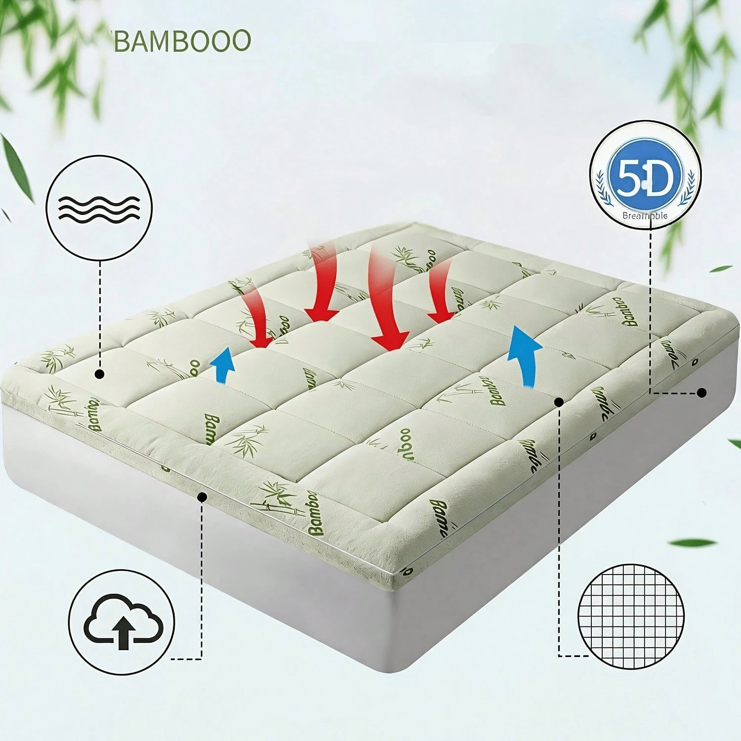 Cool Bamboo Mattress Topper- Breathable Bamboo Fiber & Microfiber Fill, 8-21" Deep Pocket Bed Cover With Green Quilted Design Soft Plush Noiseless Alternative Fill
